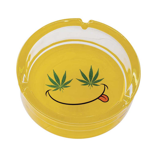 YELLOW SMILEY LEAF GLASS ASHTRAY
